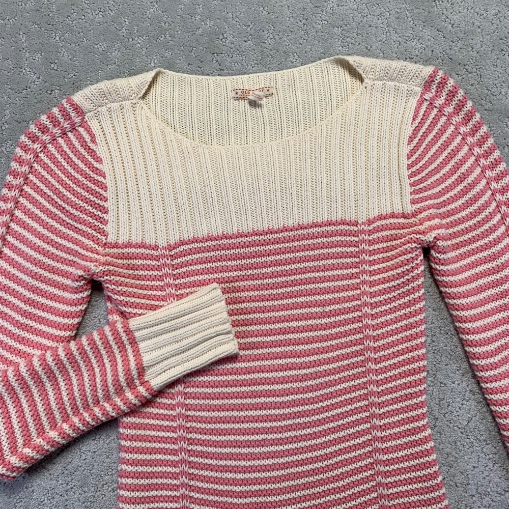Old Navy‎ Womens Sweater Medium Pink White Striped Knit Long Sleeve Pullover Y2k